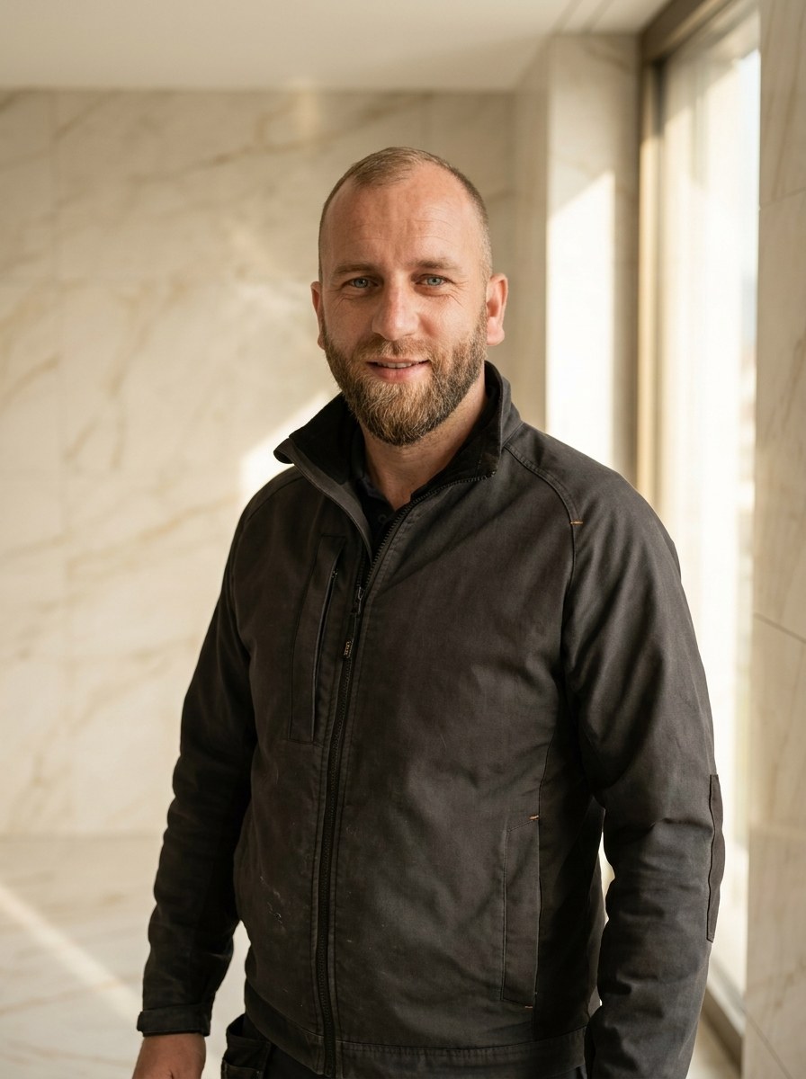 Le fondateur de Speedy Carrelage sur un chantier terminé